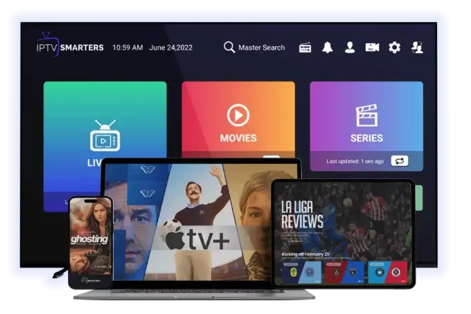 Home 15 IPTV player interface showing live TV and VOD streaming